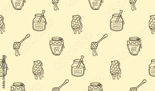 Honey hand drawn pattern. Honey farm background doodle. Outline sketch of beehive illustration seamless pattern for packaging containing honeycomb, jar, dipper.