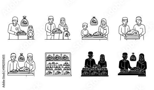 Muslim family sharing meat for Eid al-Adha icon set featuring charity and food distribution in outline and solid black vector styles for religious holiday graphics