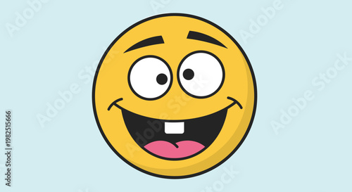A cartoon illustration of a goofy yellow emoji face with wide eyes, a big open mouth, and a single front tooth, set against a light blue background.
