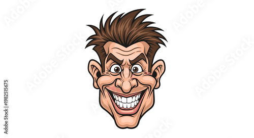 Cartoon illustration of a man's head with a wide, exaggerated, mischievous smile and spiky brown hair.