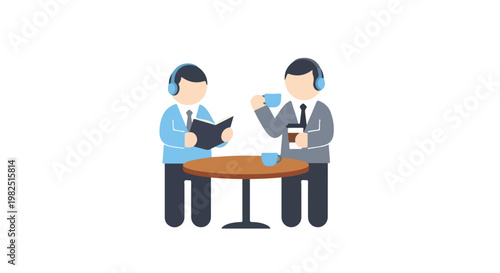 A flat vector illustration depicts two businessmen wearing headphones while sitting at a round table, reading a book and enjoying their coffee.