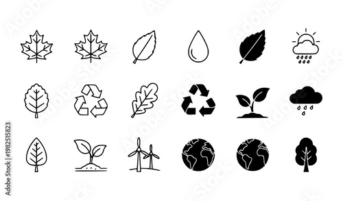 Eco friendly nature icons set featuring leaves and environmental symbols in clean black line art and solid black styles for sustainability projects