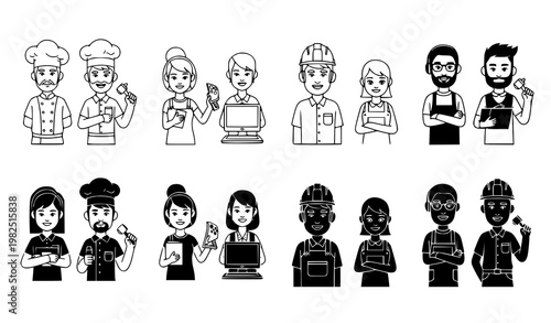 Set of professional occupation avatars in outline and solid black style for diverse business representation and corporate identity design projects