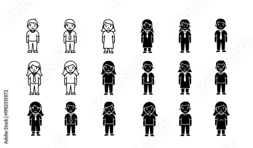 Professional business character set featuring male and female office workers in outline and solid black vector style for corporate branding