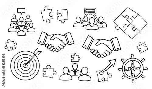 Hand drawn teamwork doodle icons collection with business partnership puzzle and leadership symbols vector