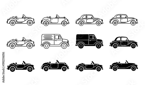 Set of vintage convertible and coupe car icons in outline and solid black silhouette style for automotive graphic design and retro vehicle themed layouts