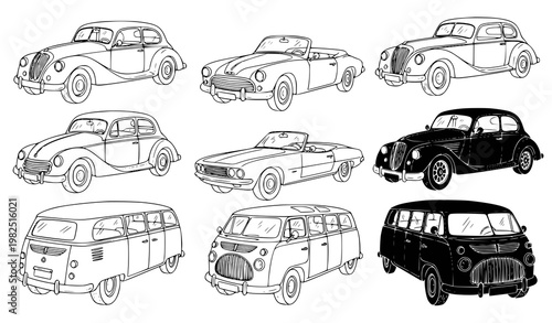 Vintage car vector illustration set featuring classic automobiles and retro camper vans in outline and solid black silhouette style for automotive design projects