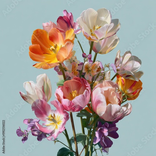 Vibrant bouquet of multicolored tulips and lavender flowers against a light blue background.