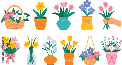 Colorful cartoon flower arrangements and planters collection with tulips daisies daffodils in baskets and pots flat illustration set