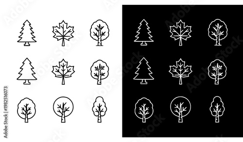 Minimalist tree icon set featuring deciduous and coniferous species in black and white styles for nature and landscape design projects in vector