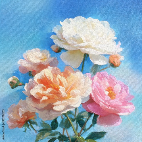A soft, pastel-colored watercolor painting of blooming roses against a blue sky background.