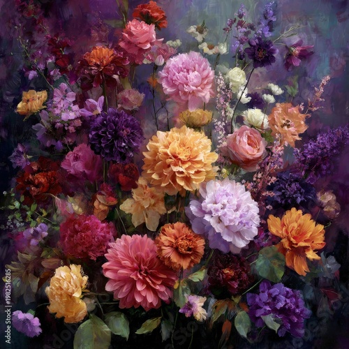 Vivid bouquet of colorful flowers including dahlias, roses, and asters against a dark, artistic background.