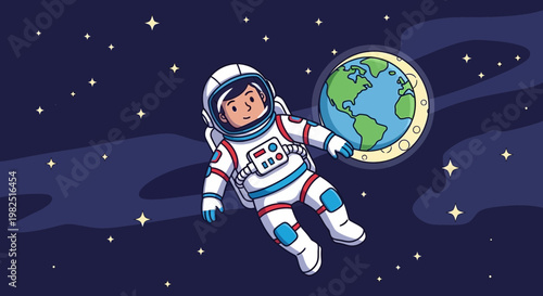 Astronaut floating in space with planet earth in cartoon illustration