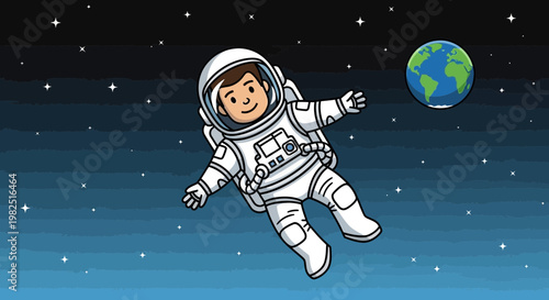 Astronaut floating in space with planet earth in cartoon illustration