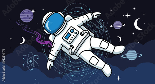 Astronaut floating in space with planets and abstract design illustration
