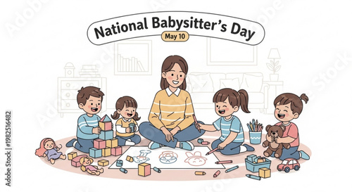 Babysitter and children celebrate national babysitter's day with toys and fun activities
