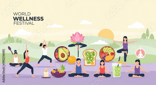 People practicing yoga outdoors at a wellness festival with healthy food and drinks