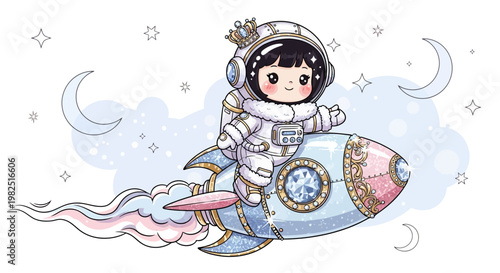 Astronaut girl on rocket ship illustration over clouds and stars