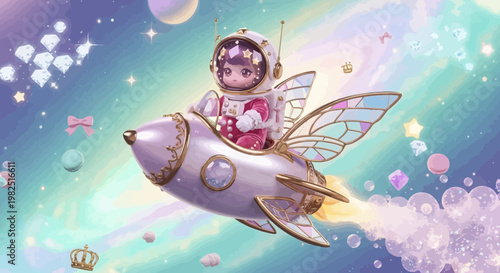 Astronaut girl in rocket ship exploring the galaxy illustration