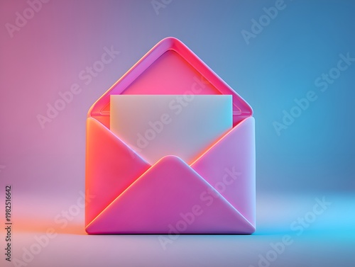 A bright pink envelope is open with a blank white card inside set against a vibrant and modern colorful background in a studio shot.