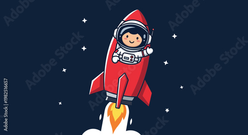 Astronaut in a rocket ship against a dark blue sky with stars