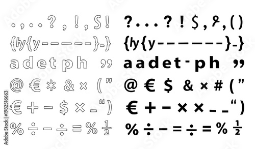 Typographic symbols and mathematical operators set featuring currency signs and punctuation marks in both outline and solid styles isolated on white background vector