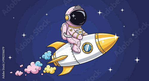 Astronaut in pink suit rides rocket ship through space and stars