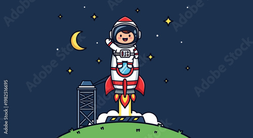 Astronaut in rocket ship blasting off to space cartoon illustration