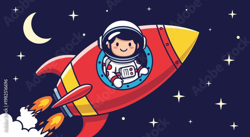 Astronaut in rocket ship exploring space with stars and moon illustration