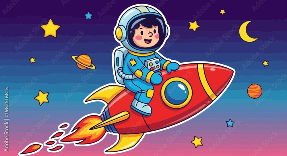 Naklejka premium Astronaut in space cartoon illustration of a child on a rocketship