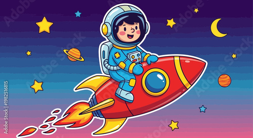 Astronaut in space cartoon illustration of a child on a rocketship