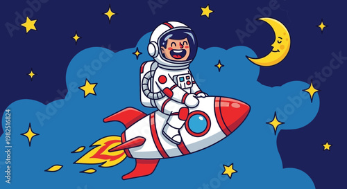 Astronaut in space cartoon illustration of a rocket ship and night sky