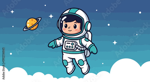 Astronaut in space cartoon illustration with planet and stars