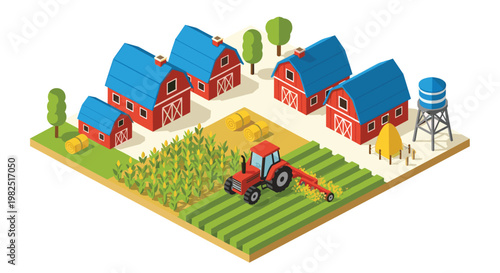 An isometric farm features red barns with blue roofs, a water tower, and a red tractor harvesting corn in a golden field within a bright rural setting.