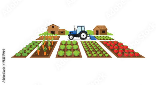 A blue tractor sits in the center of a farm featuring organized rows of carrots, lettuce, and tomatoes planted in dark brown soil under bright lighting.