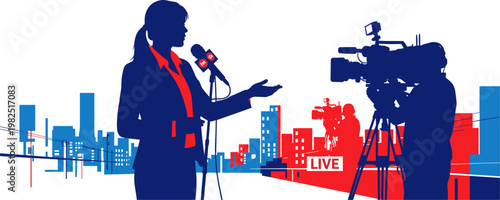 Live Broadcast Icon, Featuring Reporter and Camera Crew in Bold Red and Blue Colors