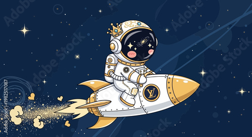 Astronaut in space suit riding a rocket ship against dark blue background
