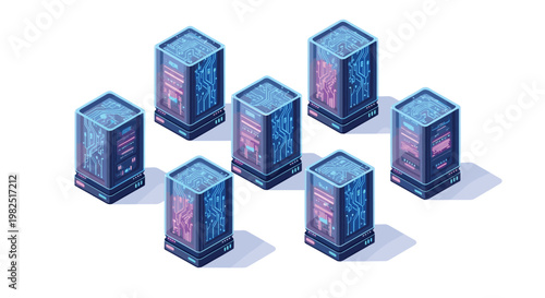 Six symmetrical isometric server towers feature intricate glowing pink and blue circuit board textures arranged in a balanced hexagonal cluster formation.