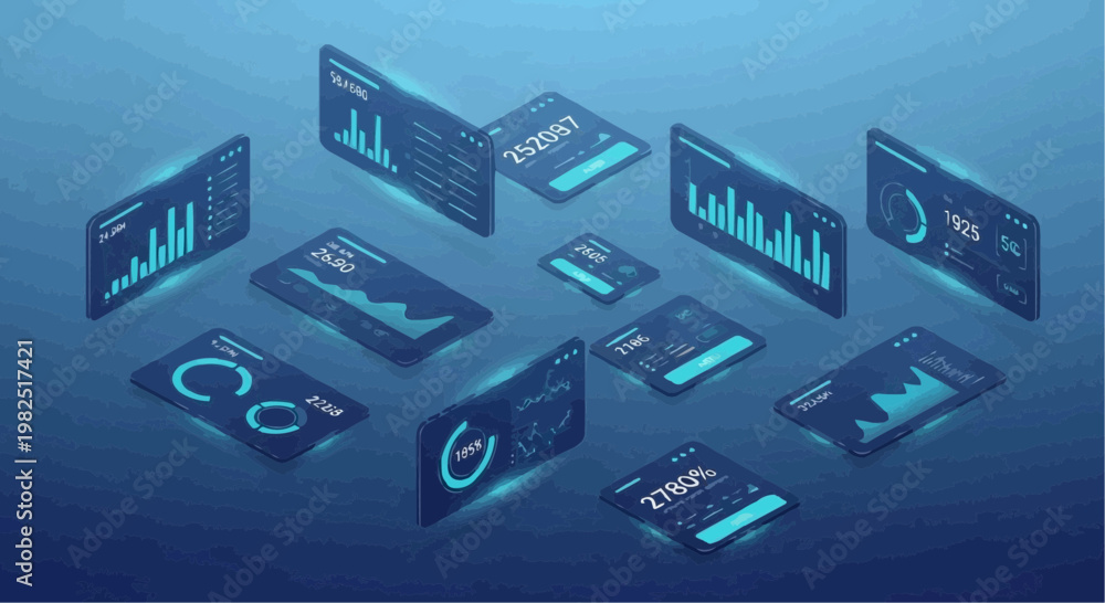 Naklejka premium Collection of digital graphs and charts on screens.