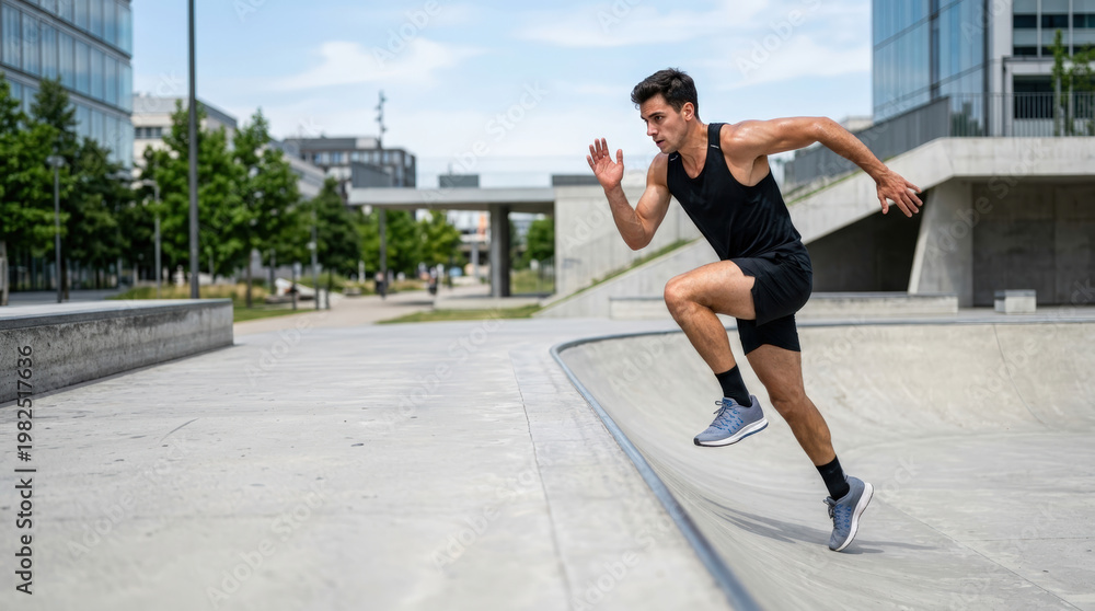 Obraz premium Young man sprinting across graffiti free skate ramp in minimal urban setting