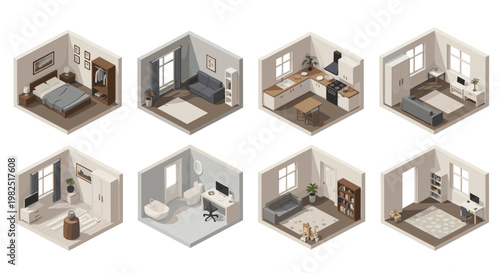 Isometric interior room vignettes displaying various living environments with soft lighting and muted color palettes for modern architectural concepts.