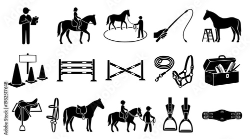Black and white vector graphic of horse riding equipment icons