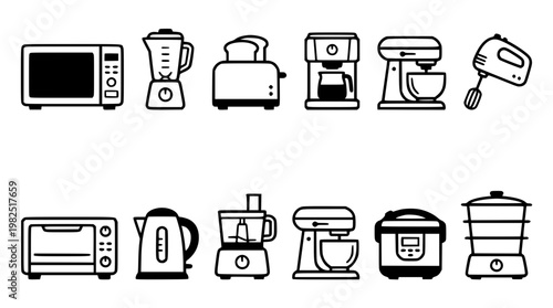 Vector graphic illustration of various kitchen appliances icons