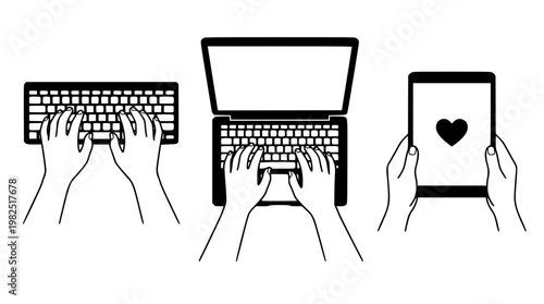 Vector graphic of hands using laptop and tablet devices