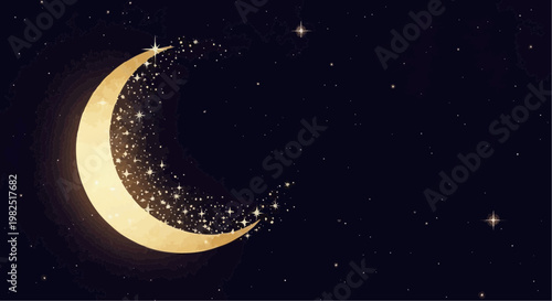 Golden crescent moon in starry night sky.