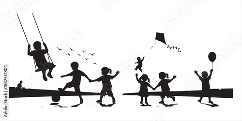 Happy children silhouette vector set, group of kids jumping running and playing together, active boys and girls collection, isolated on white.
