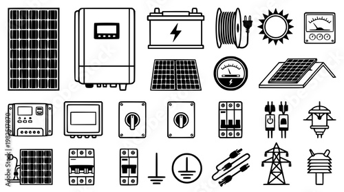 Solar panel and electrical component vector graphic illustrations