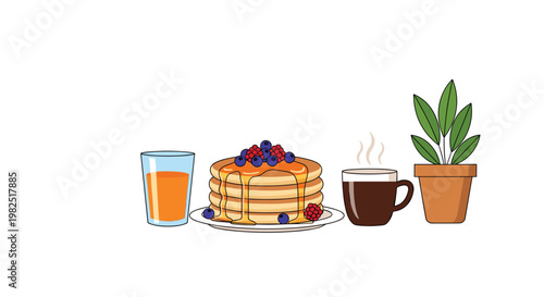A minimalist breakfast composition displays a stack of pancakes with syrup beside a refreshing glass of juice and hot coffee with a potted green plant.