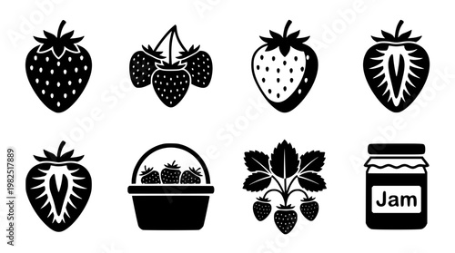 Black and white vector illustrations of various strawberry designs