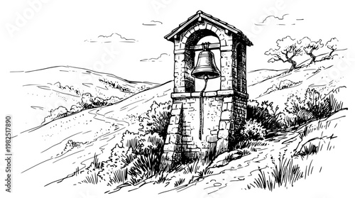 Stone bell tower standing alone in rural landscape scenery